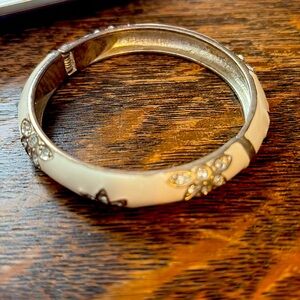White Enamel Floral Rhinestone Hinged Bangle Bracelet